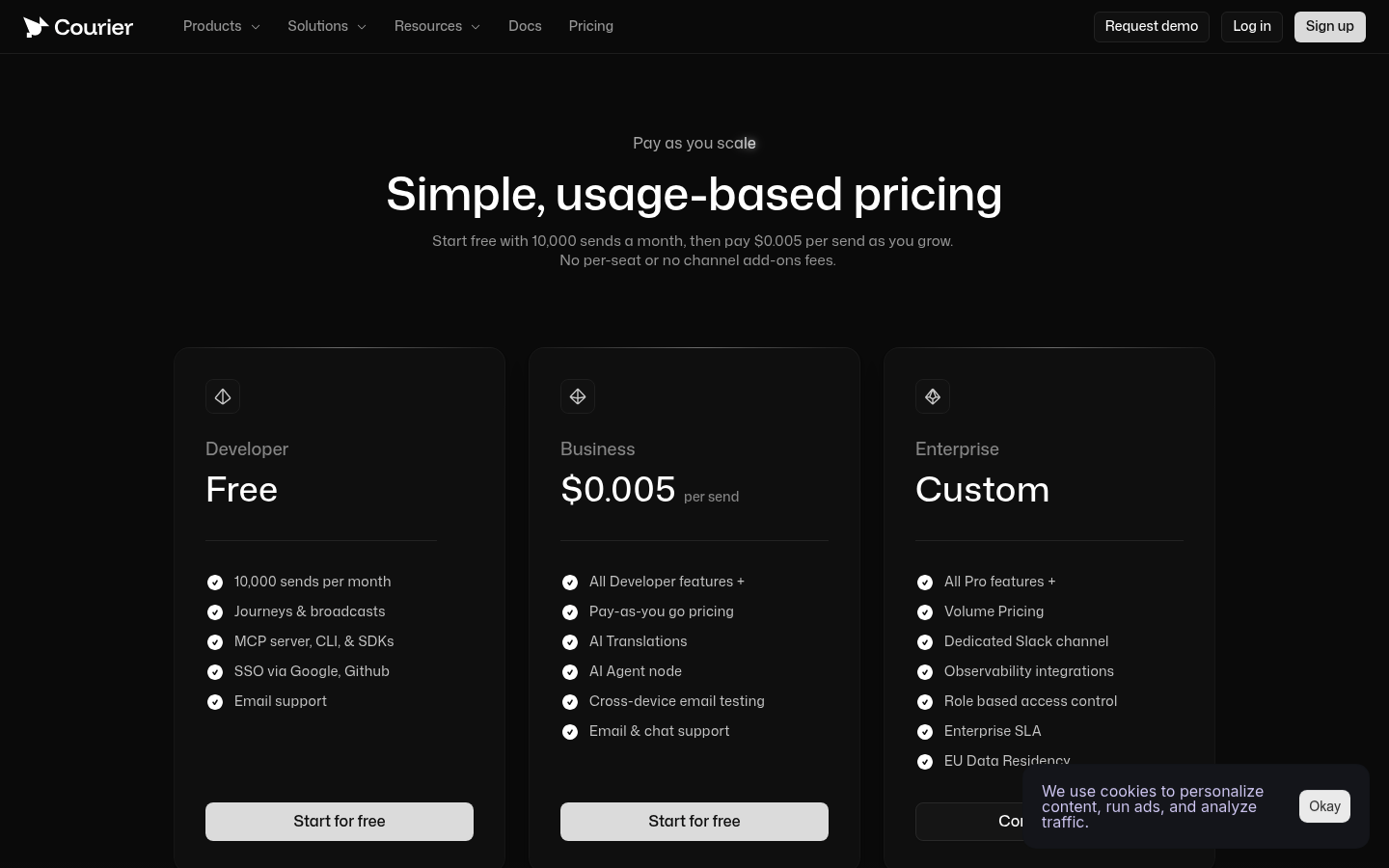 Screenshot of Courier's pricing page showing its plans and prices