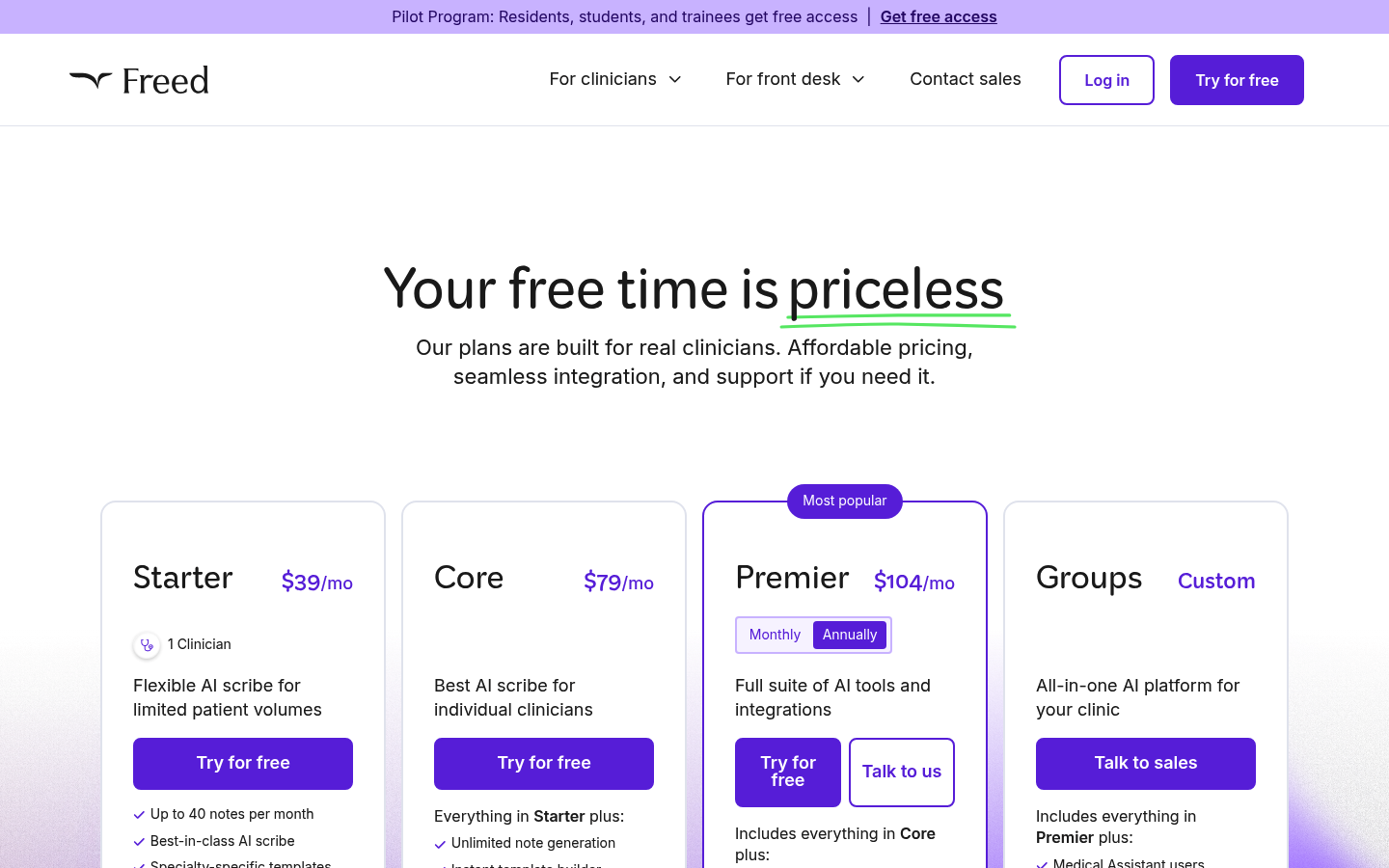 Screenshot of Freed's pricing page showing its plans and prices