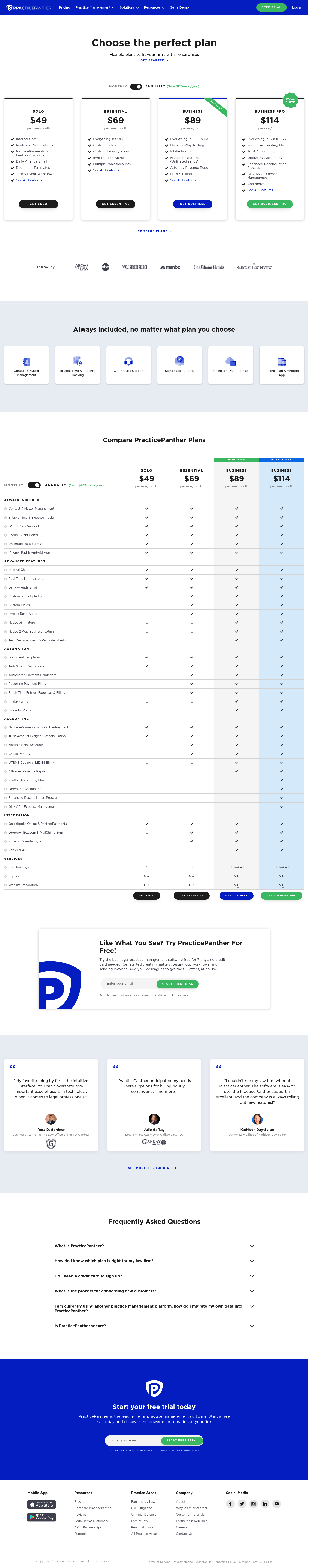 Screenshot of PracticePanther's pricing page showing its plans and prices