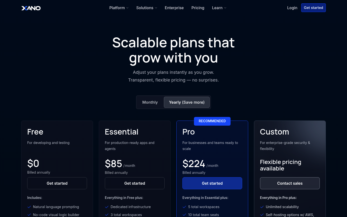 Screenshot of Xano's pricing page showing its plans and prices