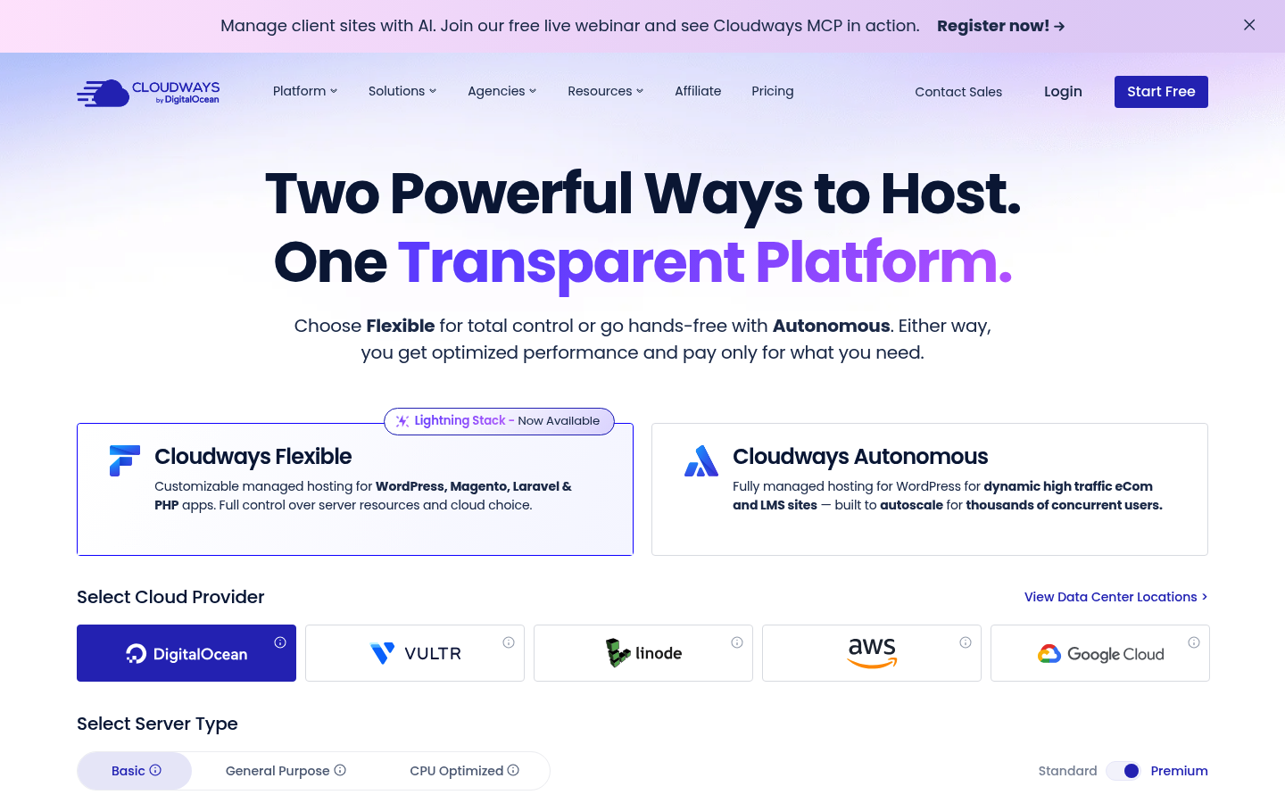 Screenshot of Cloudways's pricing page showing its plans and prices