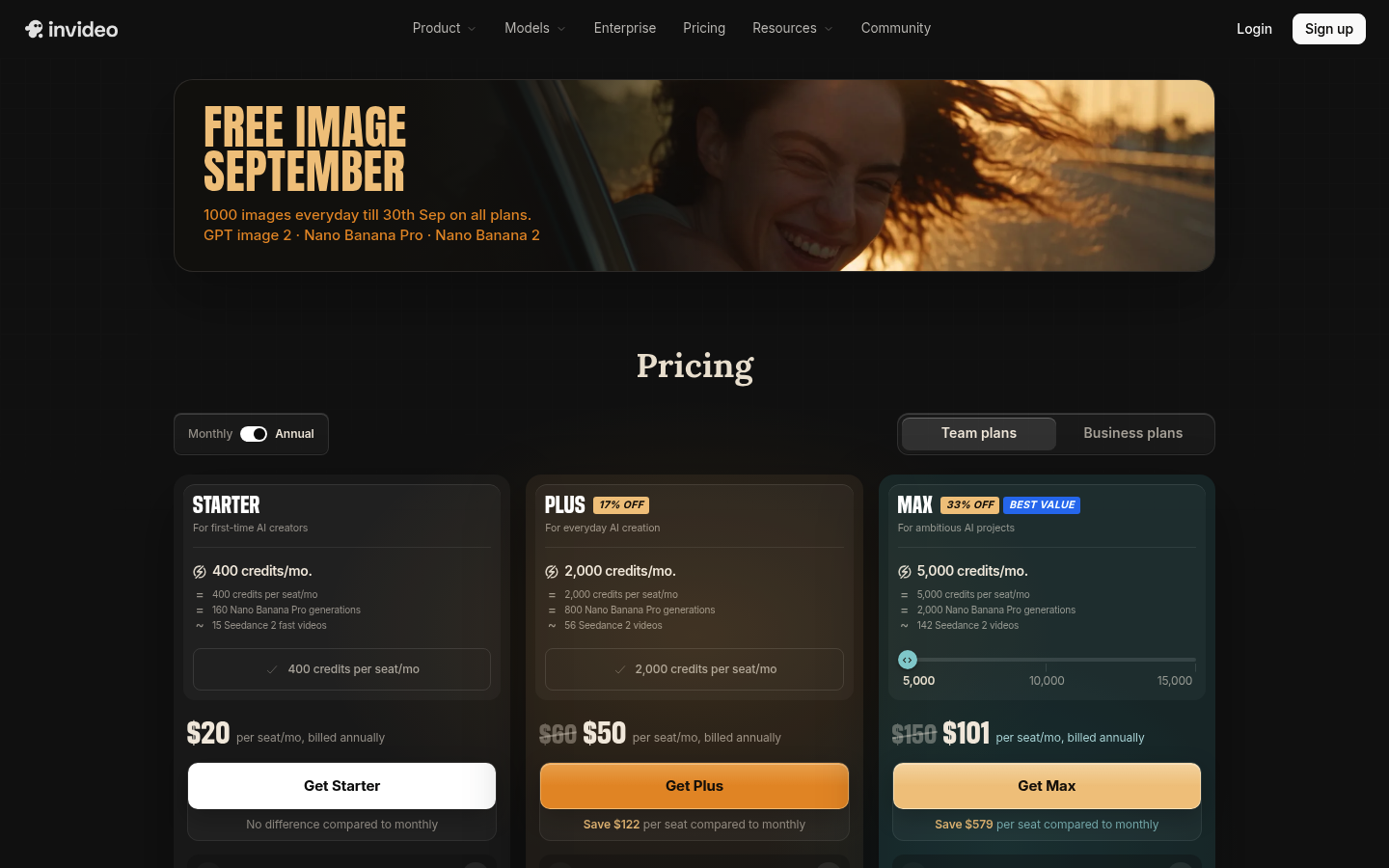Screenshot of InVideo's pricing page showing its plans and prices