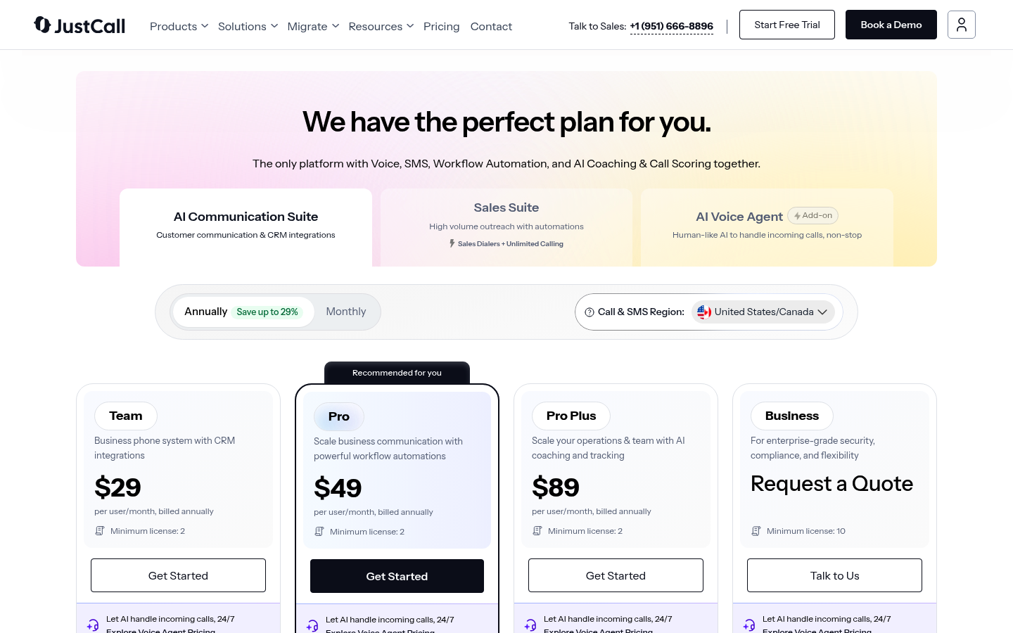 Screenshot of JustCall's pricing page showing its plans and prices