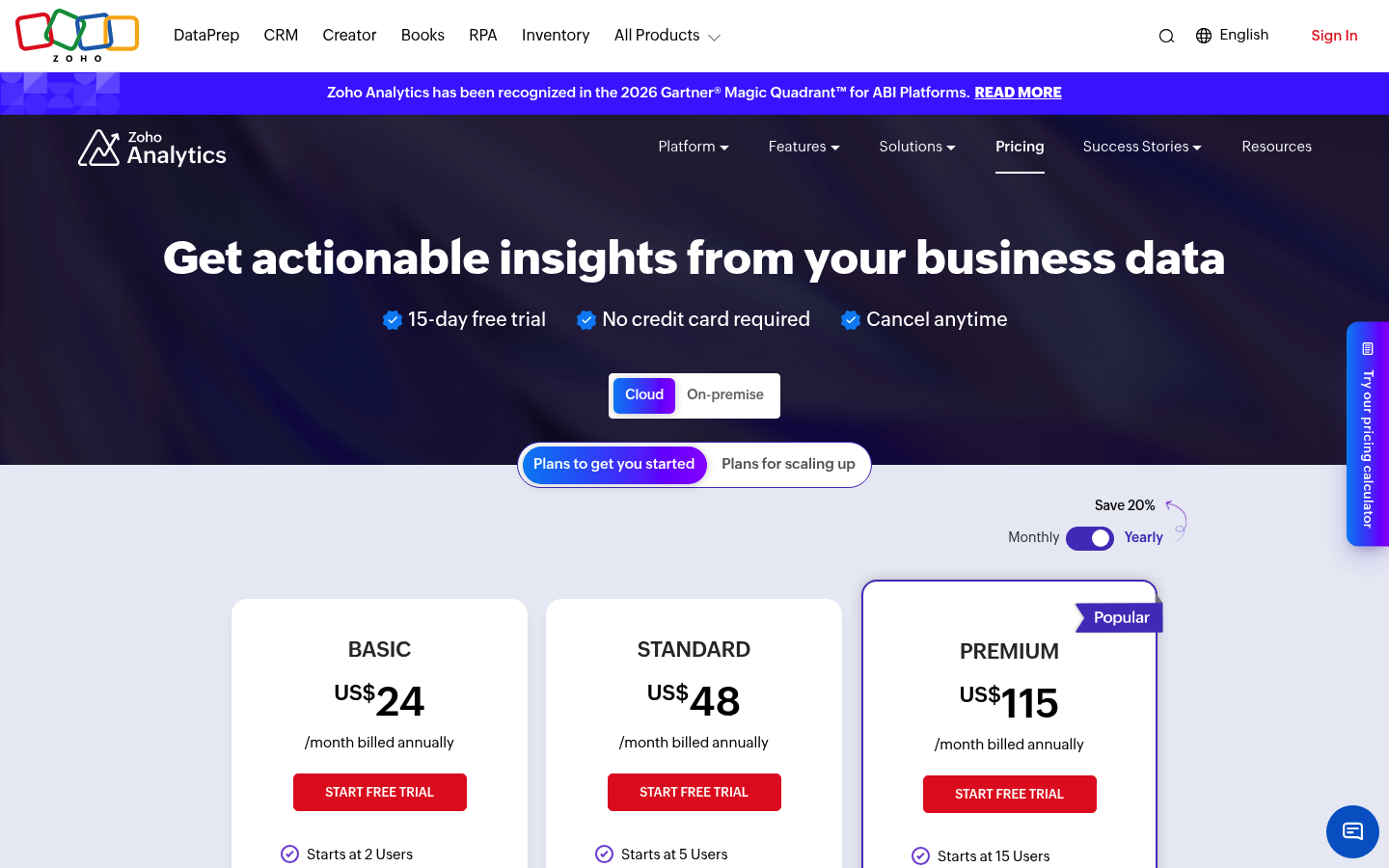 Screenshot of Zoho Analytics's pricing page showing its plans and prices