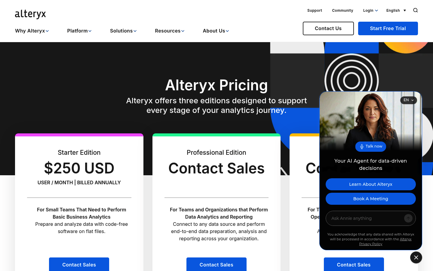Screenshot of Alteryx's pricing page showing its plans and prices