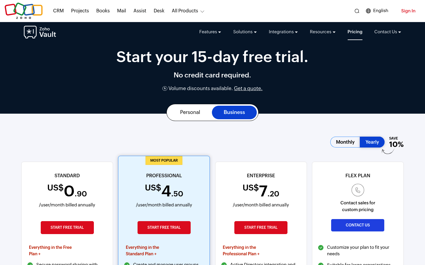 Screenshot of Zoho Vault's pricing page showing its plans and prices