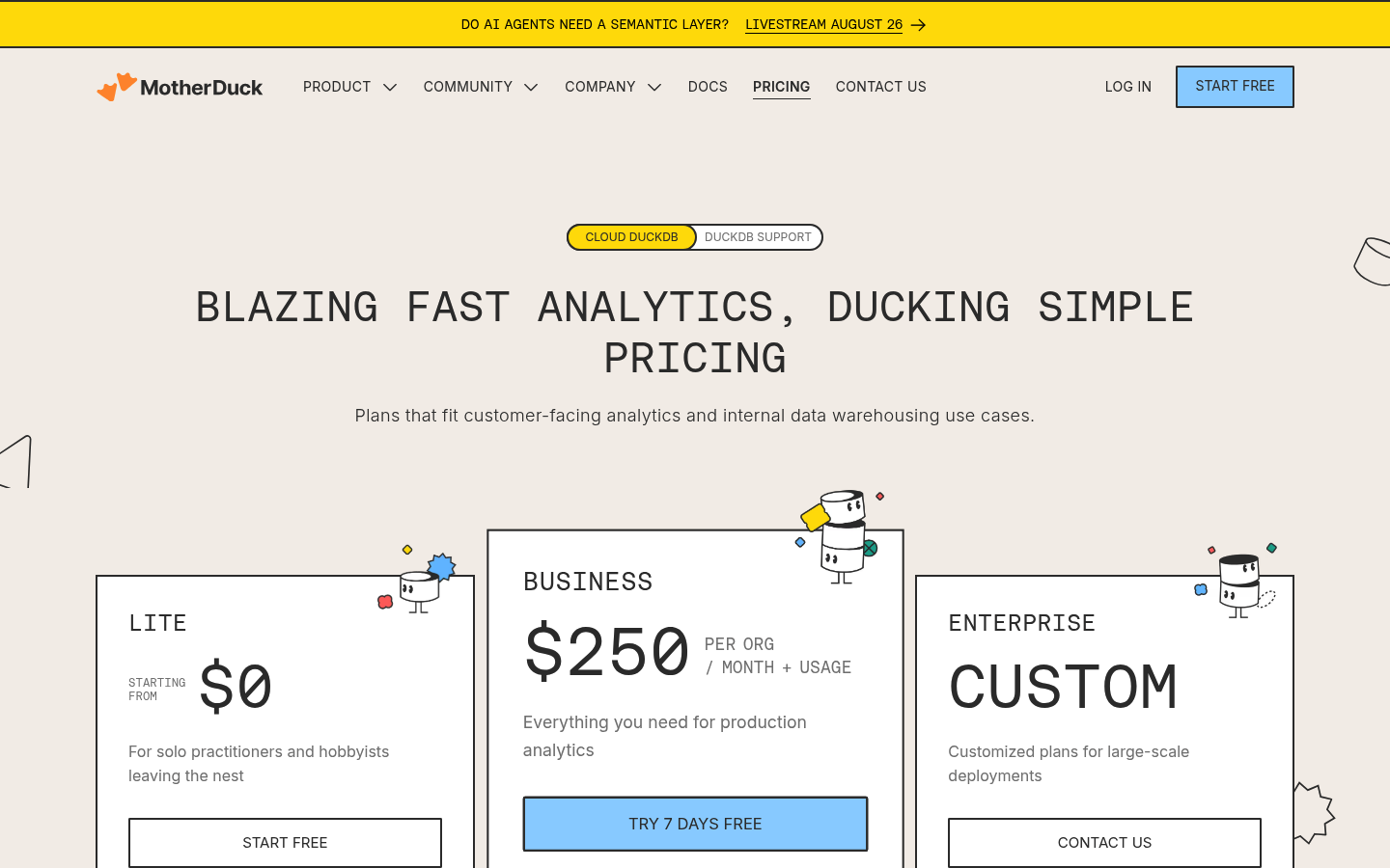 Screenshot of MotherDuck's pricing page showing its plans and prices