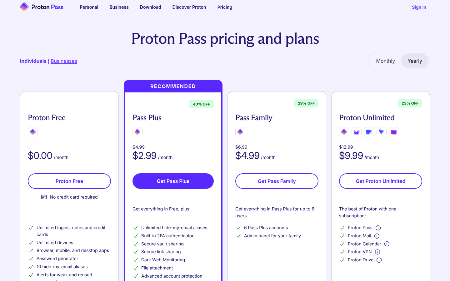 Screenshot of Proton Pass's pricing page showing its plans and prices