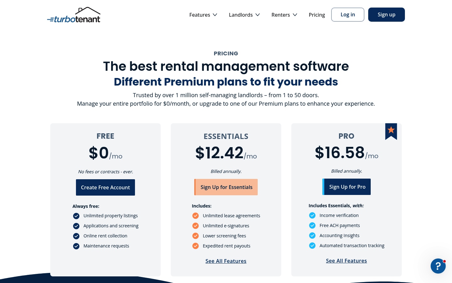 Screenshot of TurboTenant's pricing page showing its plans and prices