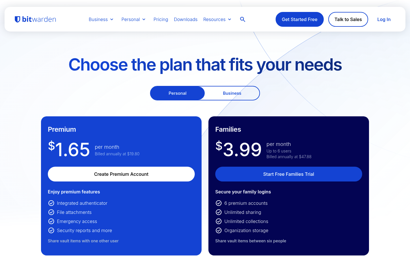 Screenshot of Bitwarden's pricing page showing its plans and prices