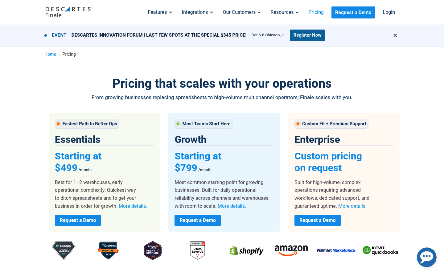 Screenshot of Finale Inventory's pricing page showing its plans and prices