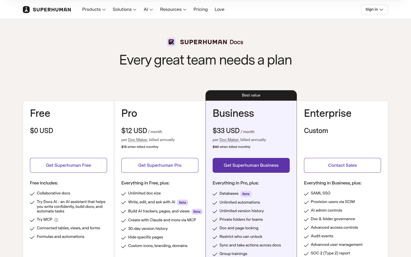 Screenshot of Coda's pricing page showing its plans and prices