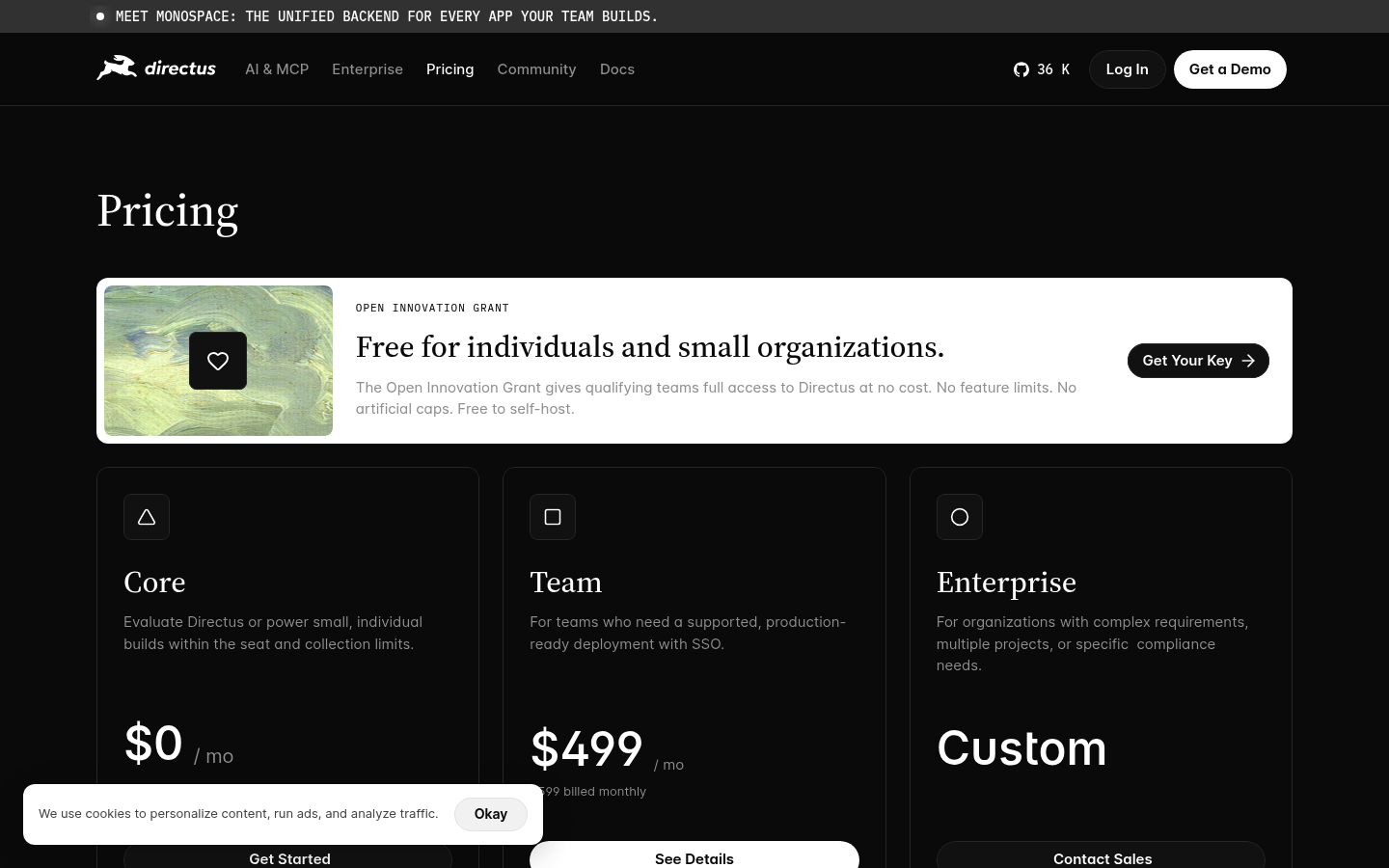 Screenshot of Directus's pricing page showing its plans and prices