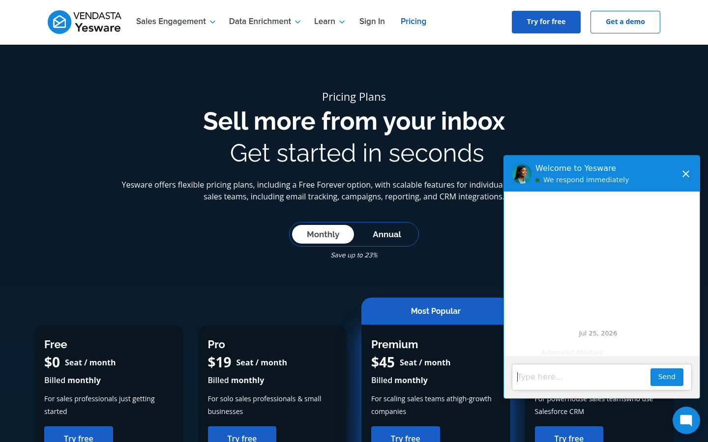 Screenshot of Yesware's pricing page showing its plans and prices