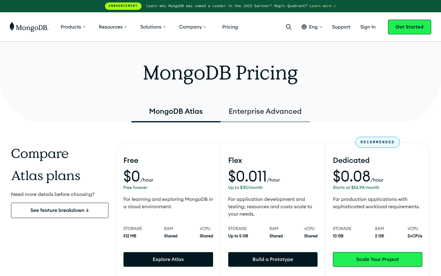 Screenshot of MongoDB Atlas's pricing page showing its plans and prices