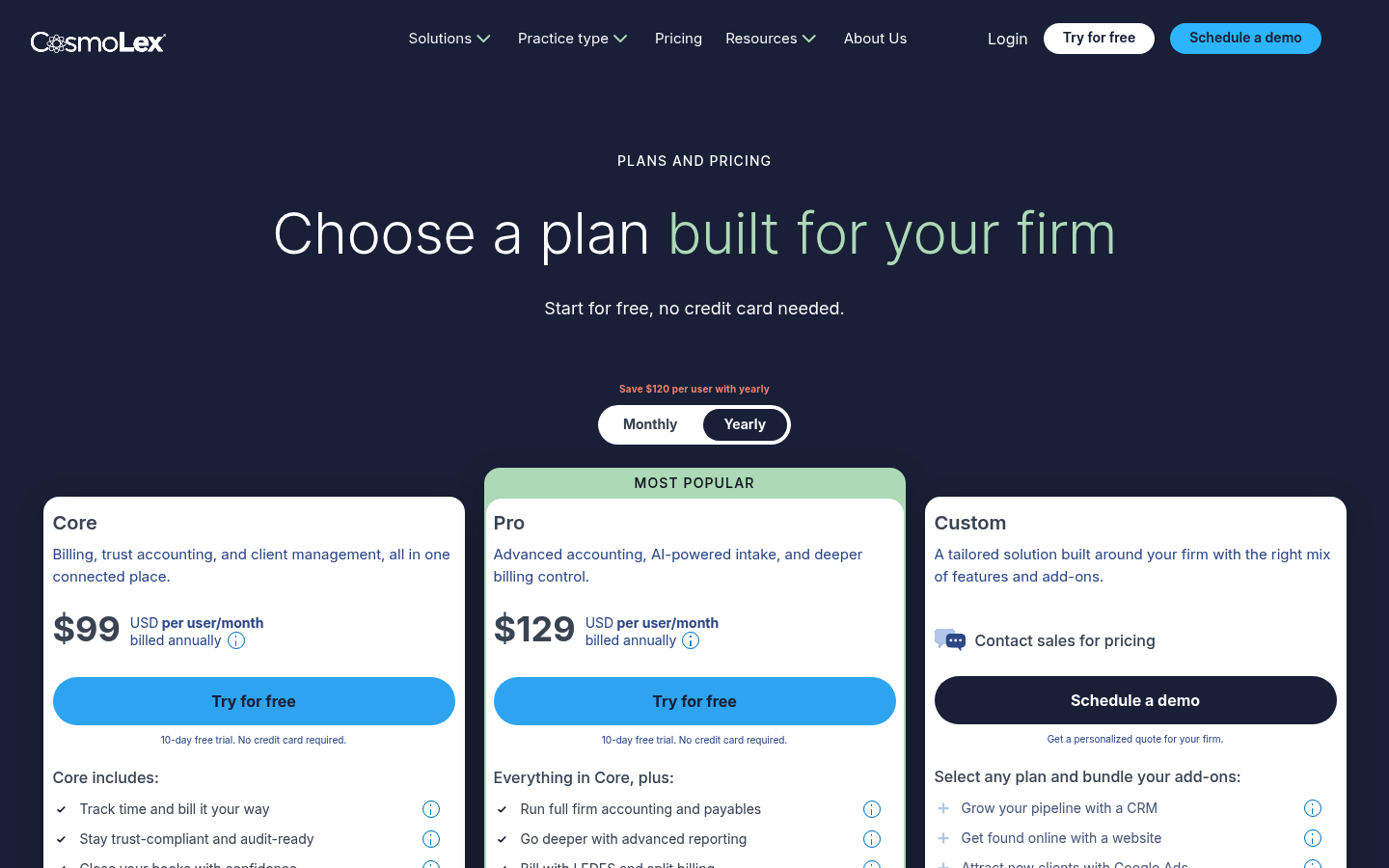 Screenshot of CosmoLex's pricing page showing its plans and prices