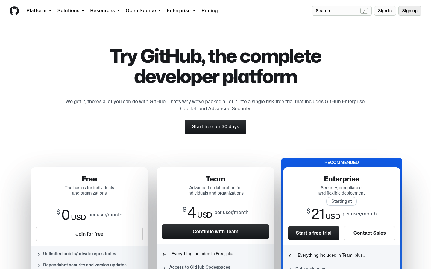 Screenshot of GitHub's pricing page showing its plans and prices