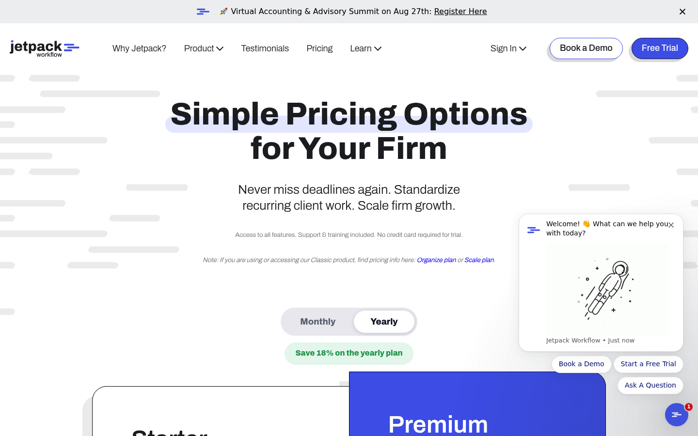 Screenshot of Jetpack Workflow's pricing page showing its plans and prices