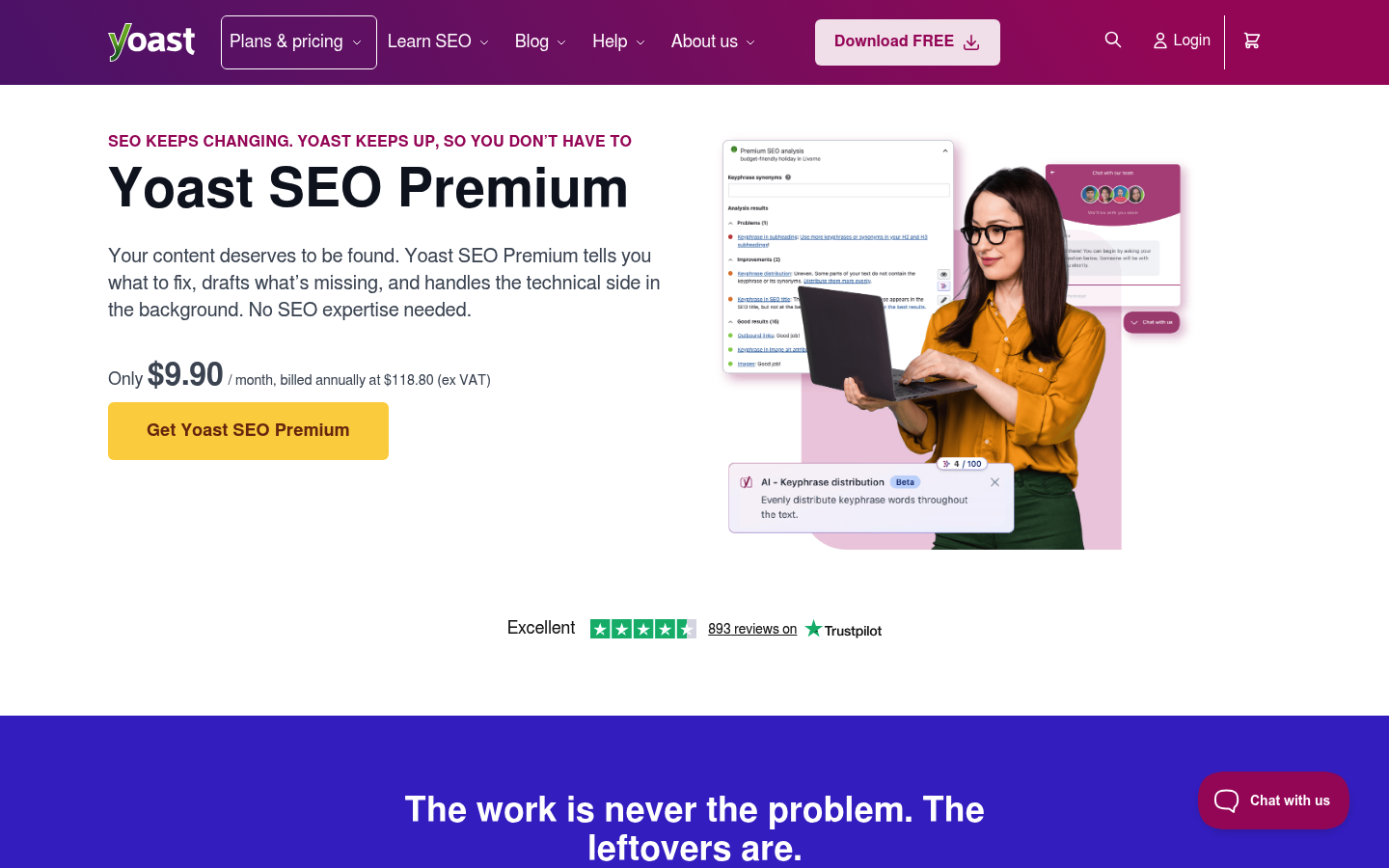 Screenshot of Yoast's pricing page showing its plans and prices