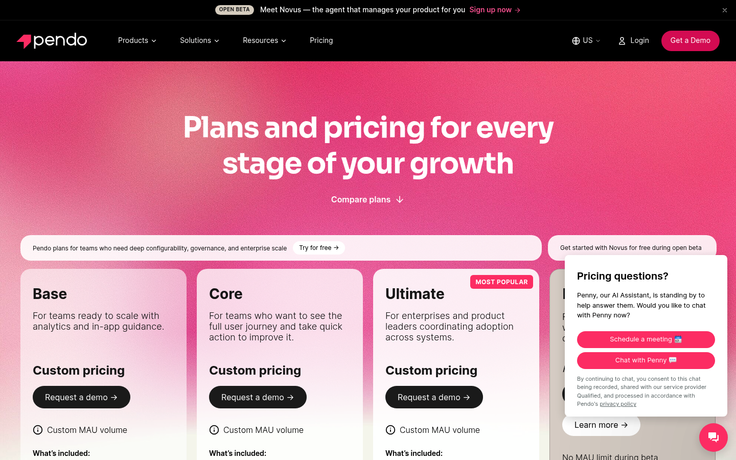Screenshot of Pendo's pricing page showing its plans and prices