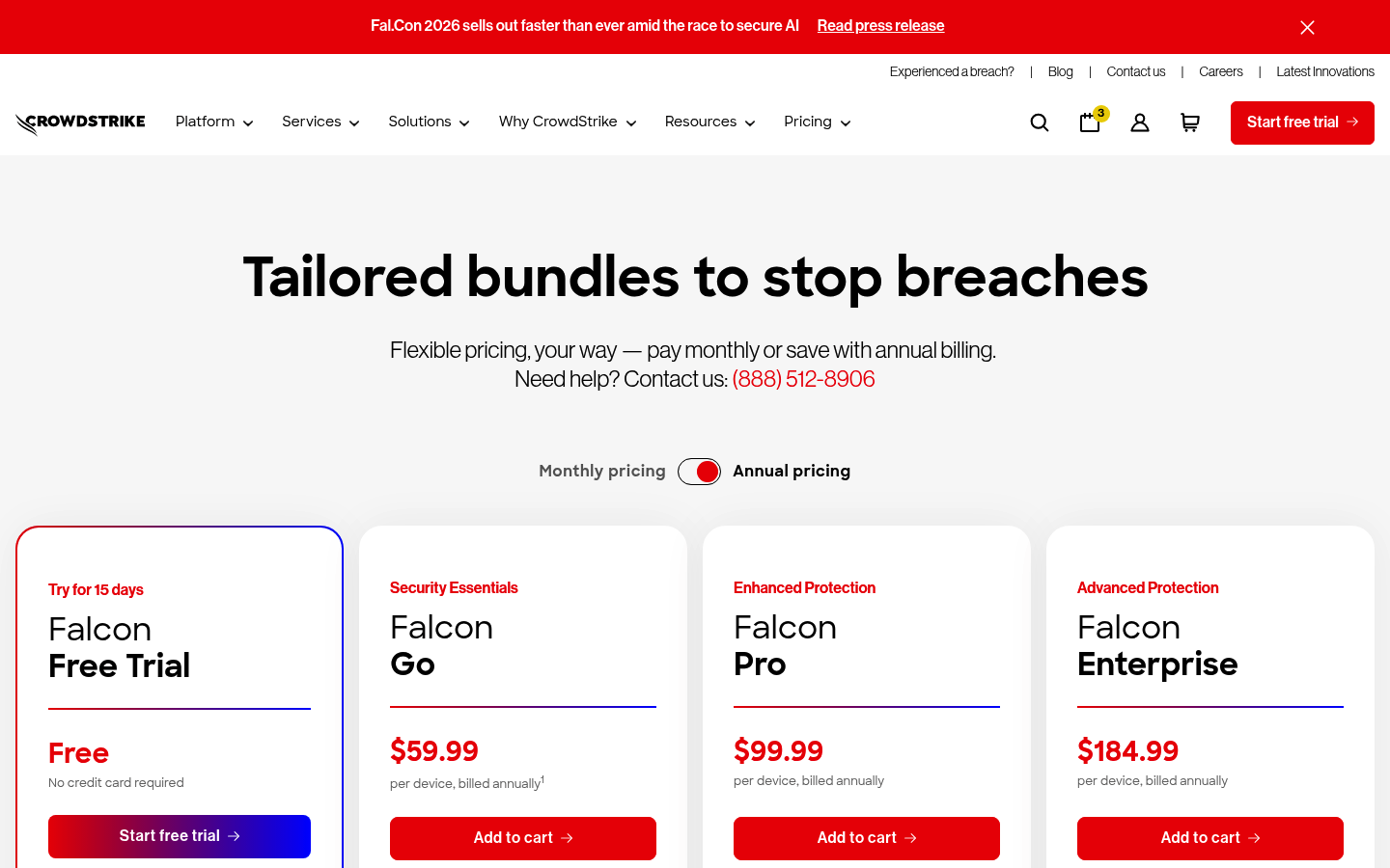 Screenshot of CrowdStrike's pricing page showing its plans and prices