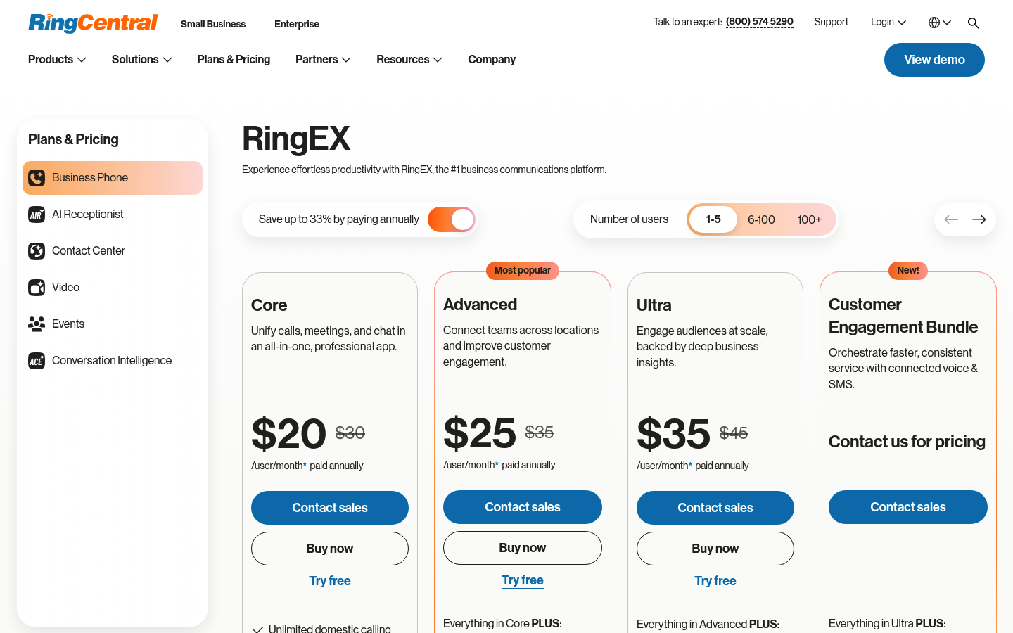 Screenshot of RingCentral's pricing page showing its plans and prices