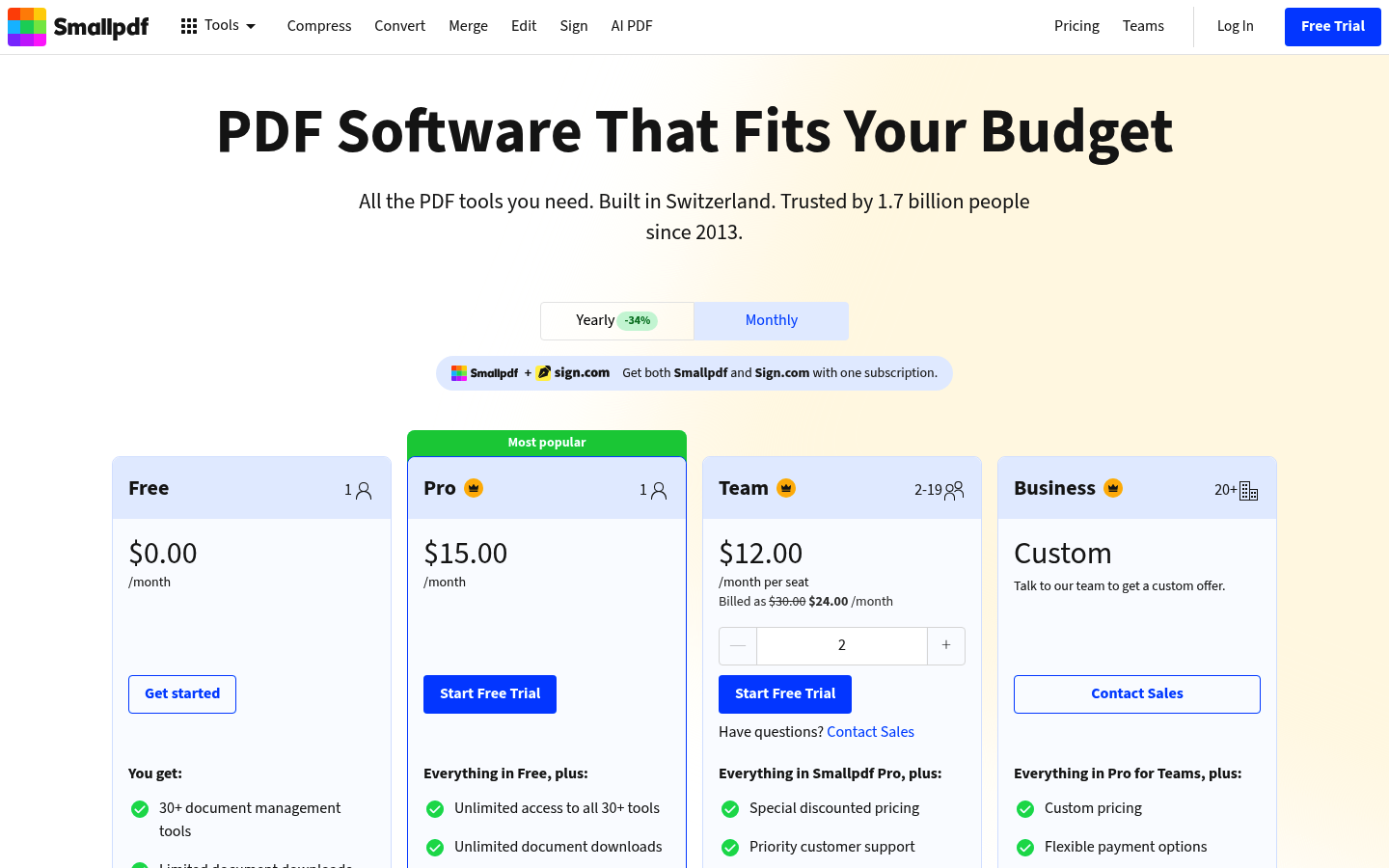 Screenshot of Smallpdf's pricing page showing its plans and prices
