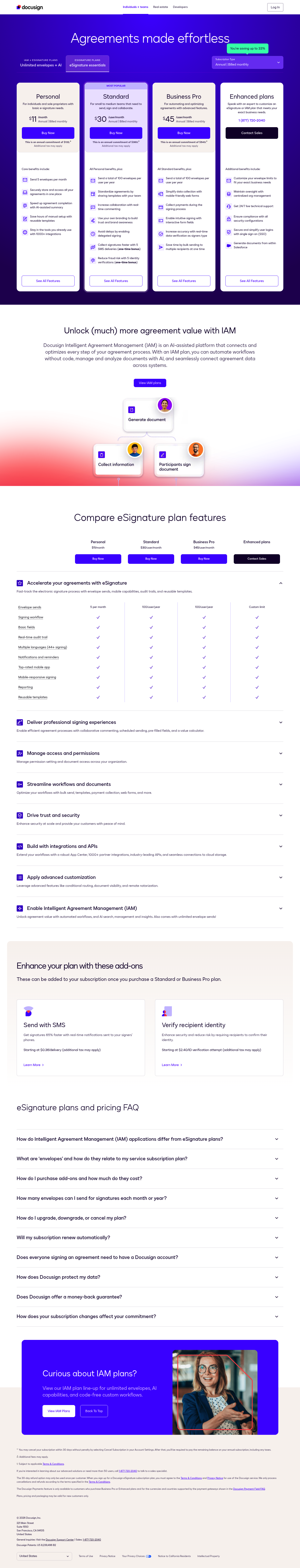 Screenshot of DocuSign's pricing page showing its plans and prices