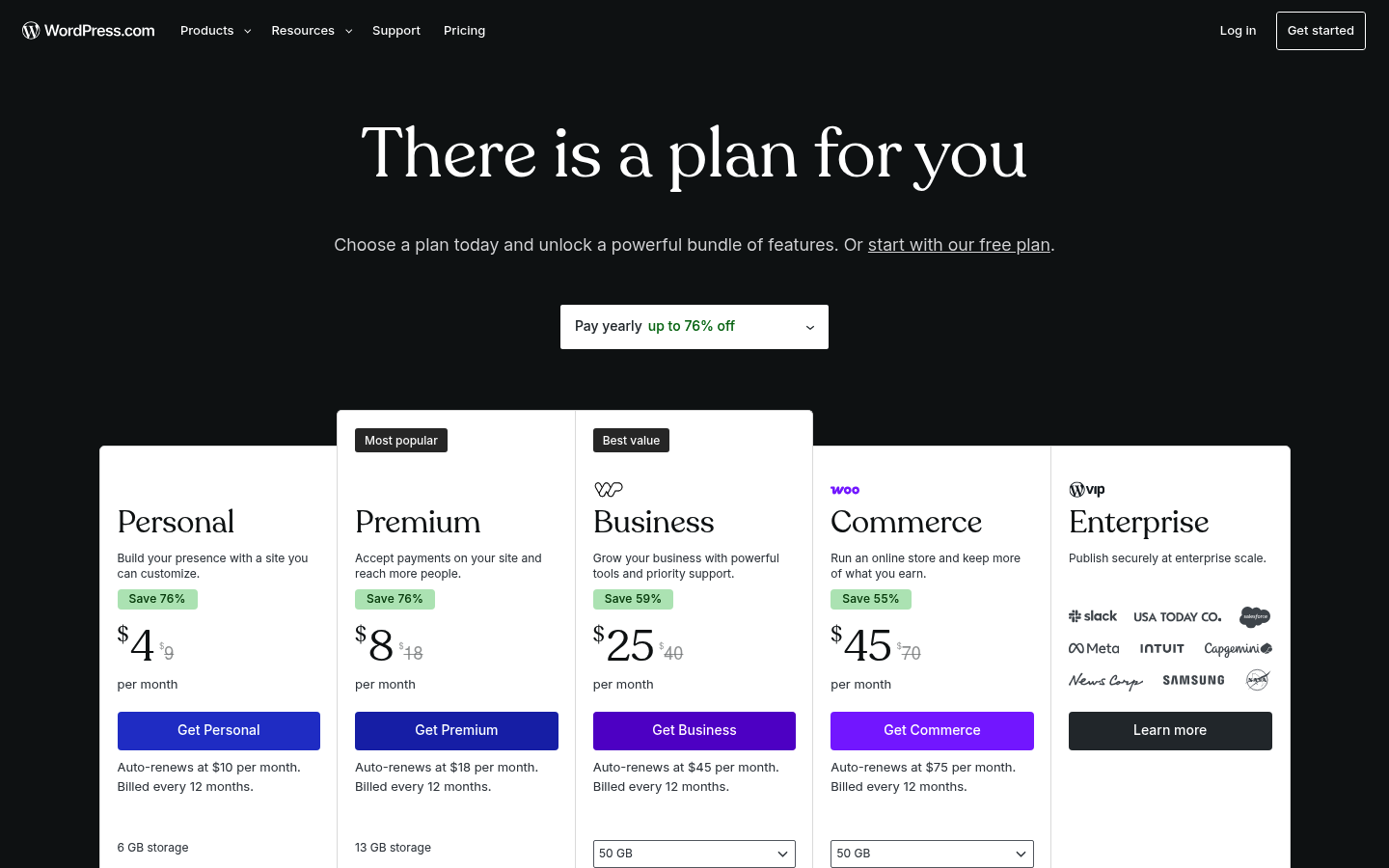 Screenshot of WordPress.com's pricing page showing its plans and prices