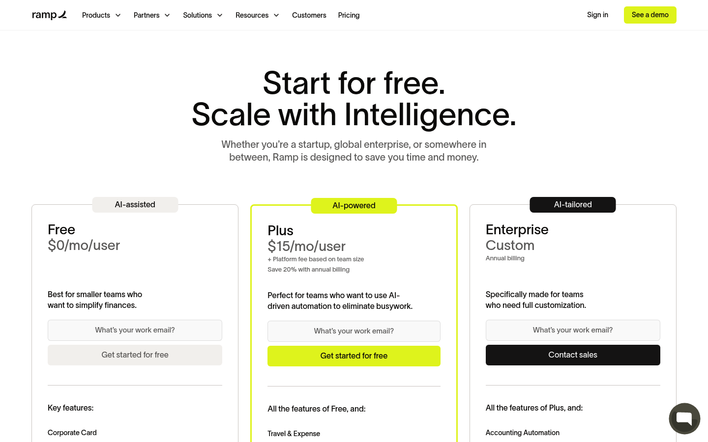 Screenshot of Ramp's pricing page showing its plans and prices
