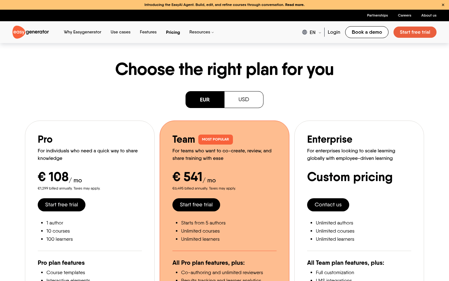 Screenshot of Easygenerator's pricing page showing its plans and prices
