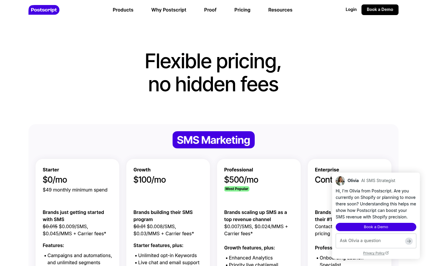 Screenshot of Postscript's pricing page showing its plans and prices