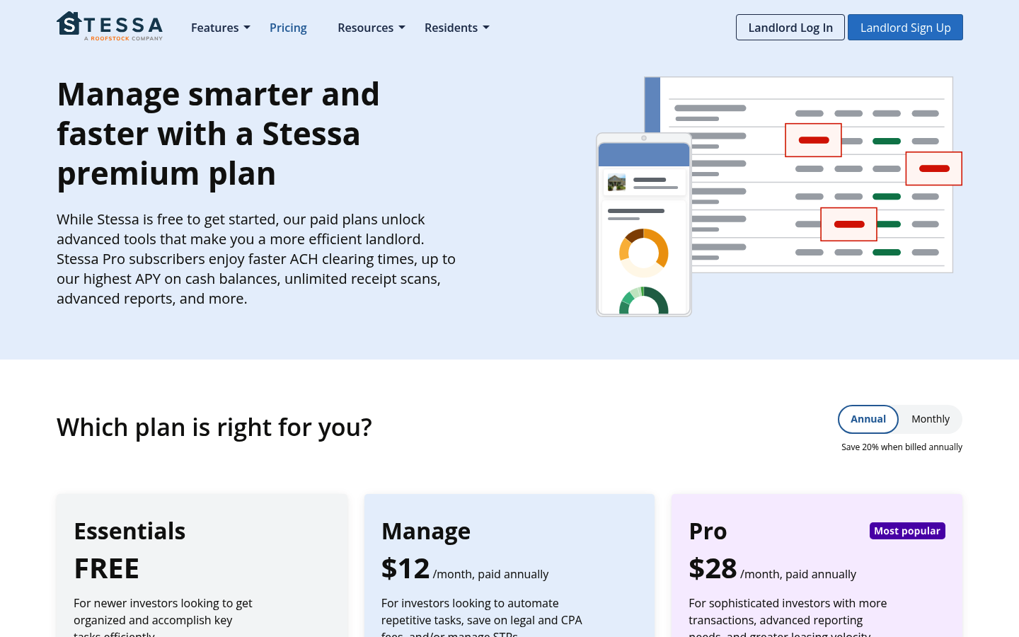 Screenshot of Stessa's pricing page showing its plans and prices
