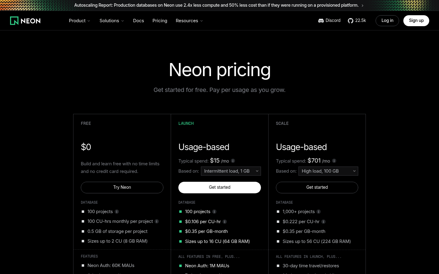 Screenshot of Neon's pricing page showing its plans and prices