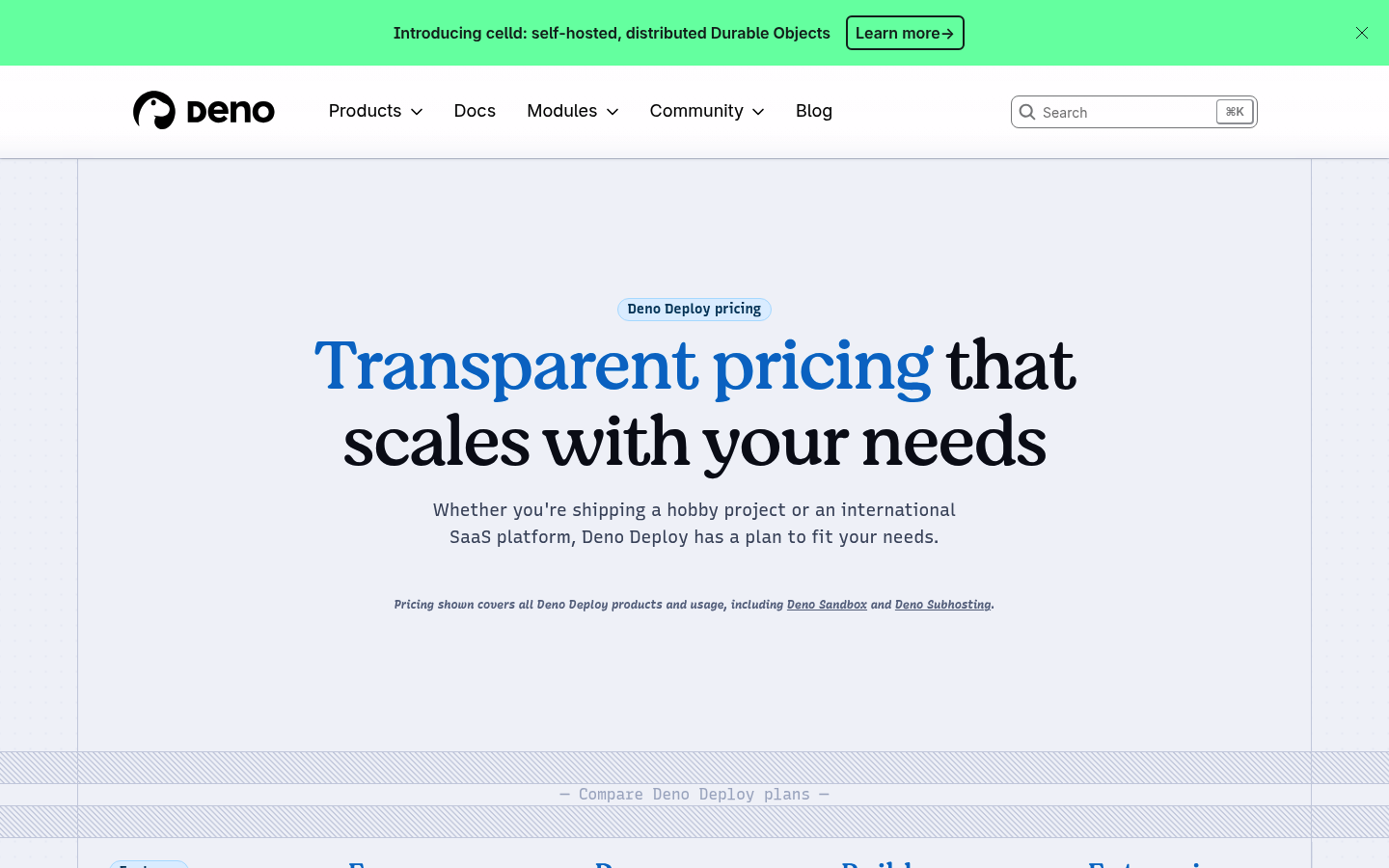 Screenshot of Deno Deploy's pricing page showing its plans and prices