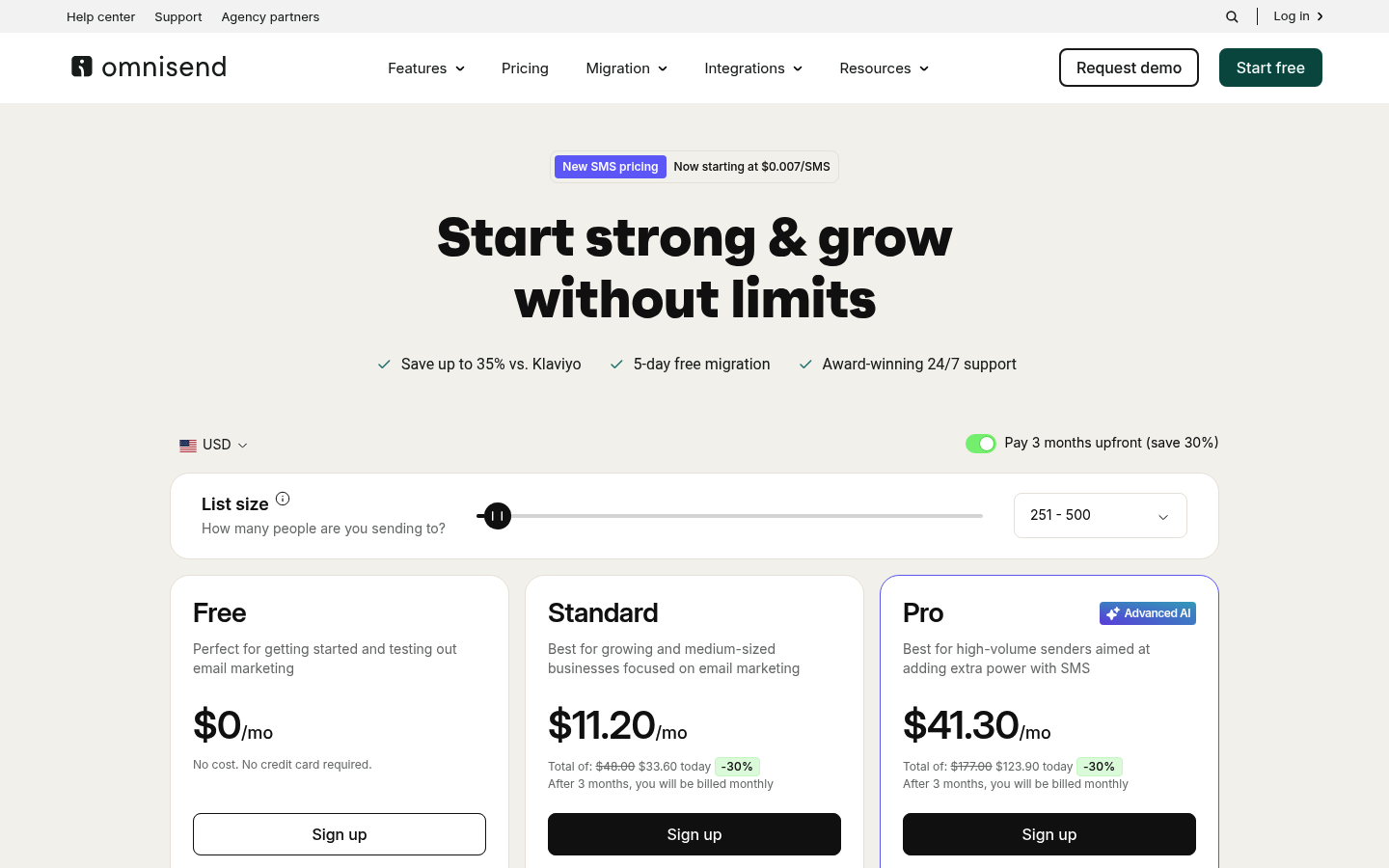 Screenshot of Omnisend's pricing page showing its plans and prices