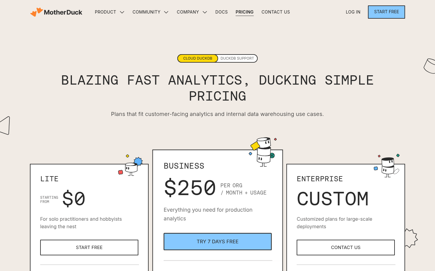 Screenshot of MotherDuck's pricing page showing its plans and prices
