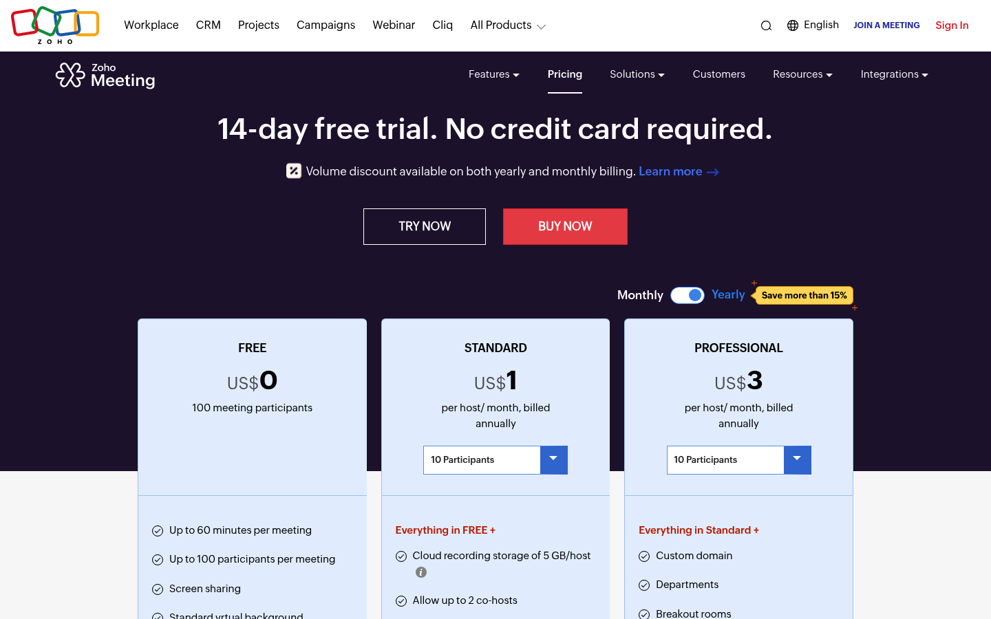 Screenshot of Zoho Meeting's pricing page showing its plans and prices