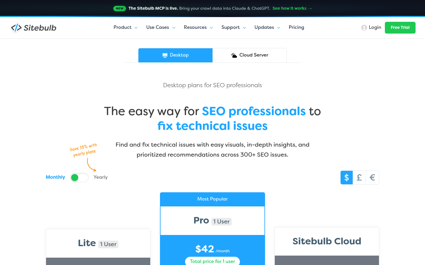 Screenshot of Sitebulb's pricing page showing its plans and prices