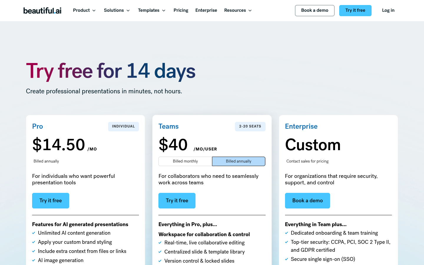 Screenshot of Beautiful.ai's pricing page showing its plans and prices