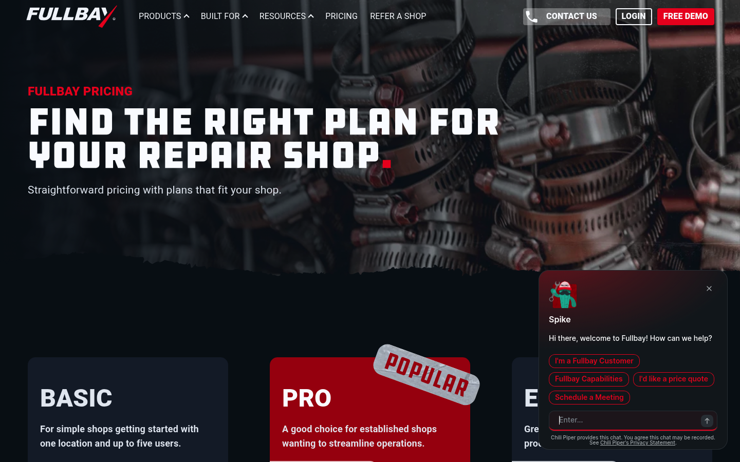 Screenshot of Fullbay's pricing page showing its plans and prices