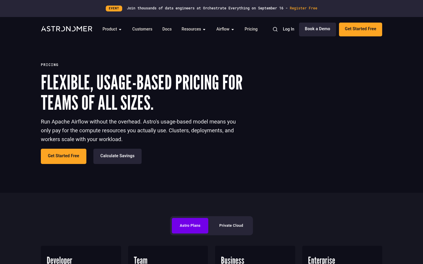 Screenshot of Astronomer's pricing page showing its plans and prices