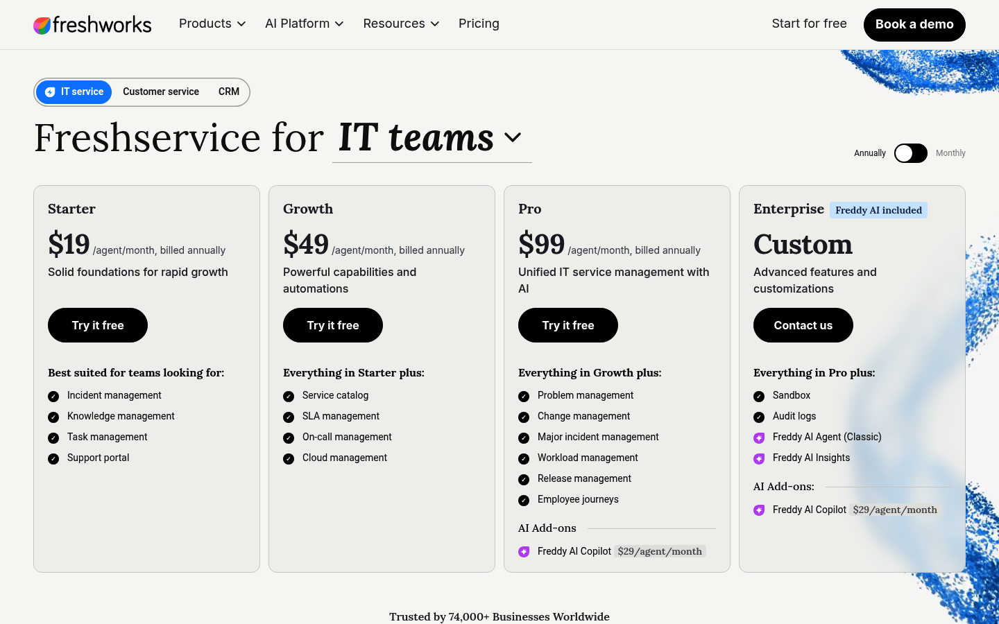 Screenshot of Freshservice's pricing page showing its plans and prices