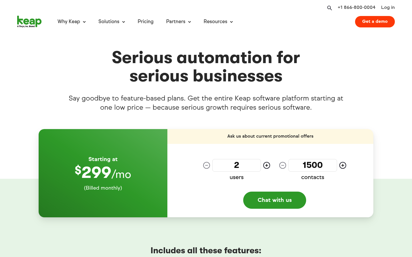 Screenshot of Keap's pricing page showing its plans and prices