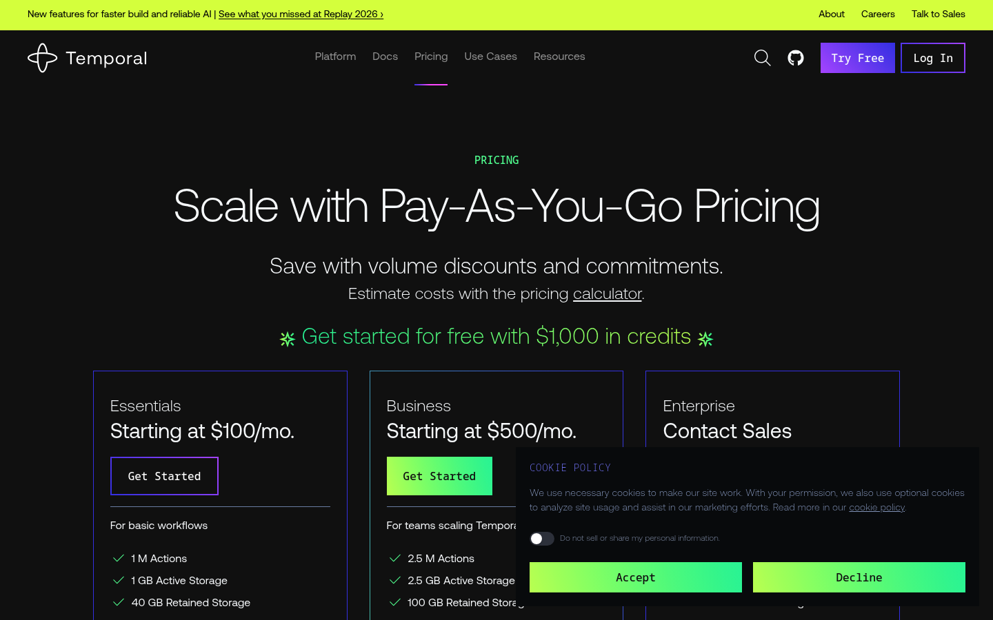 Screenshot of Temporal's pricing page showing its plans and prices