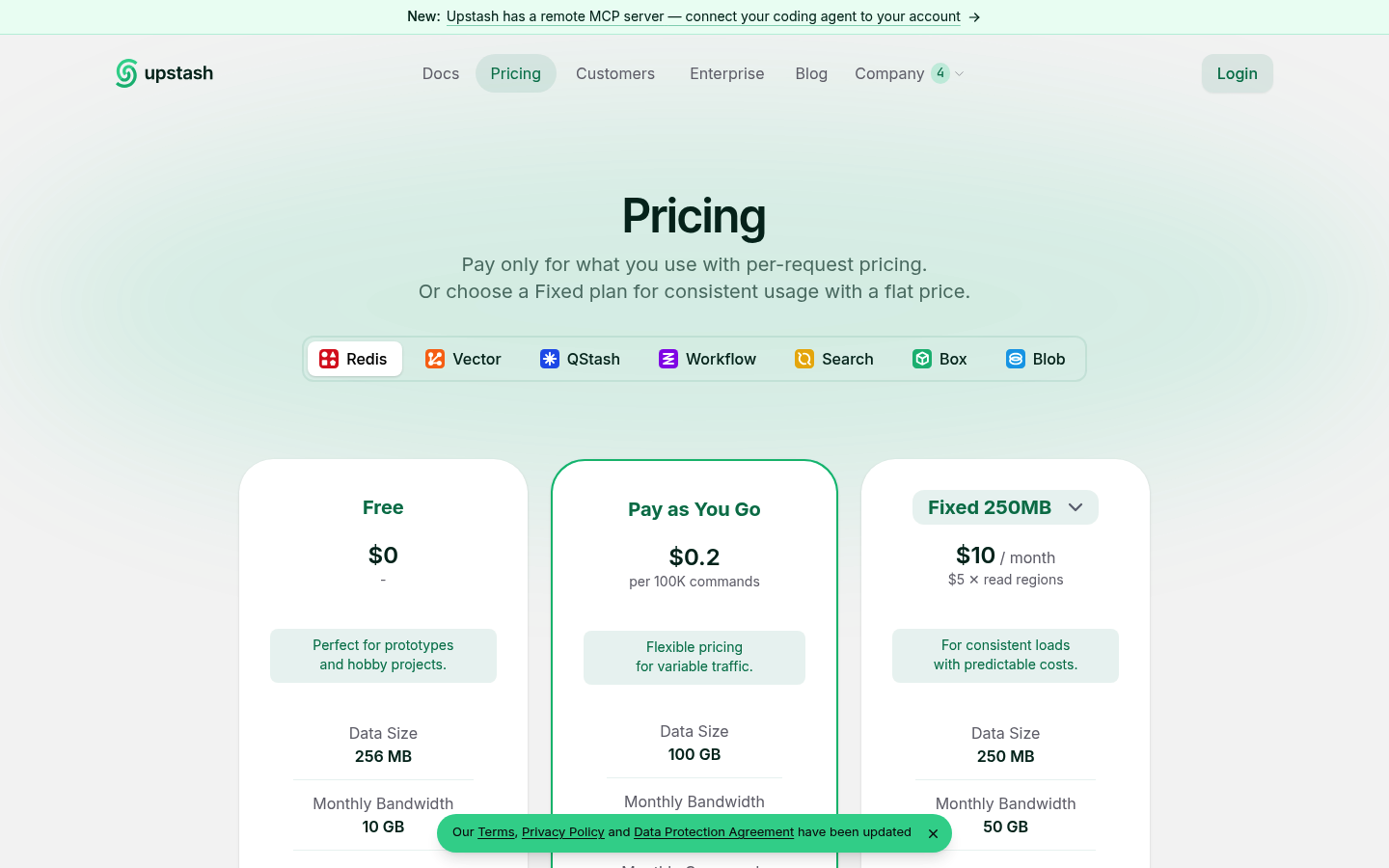 Screenshot of Upstash's pricing page showing its plans and prices