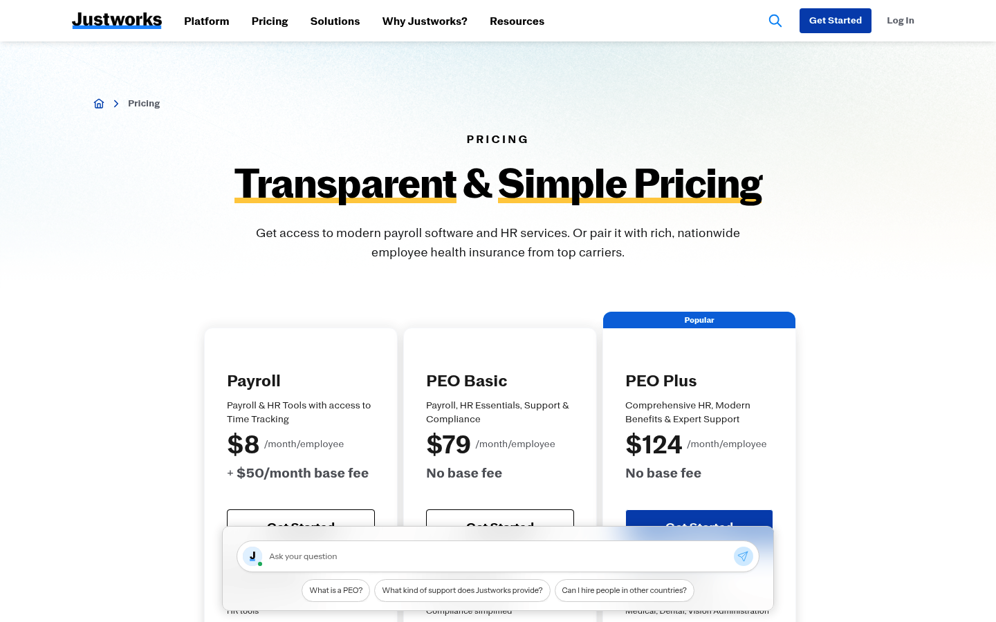 Screenshot of Justworks's pricing page showing its plans and prices