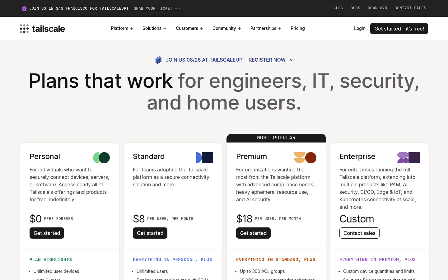 Screenshot of Tailscale's pricing page showing its plans and prices
