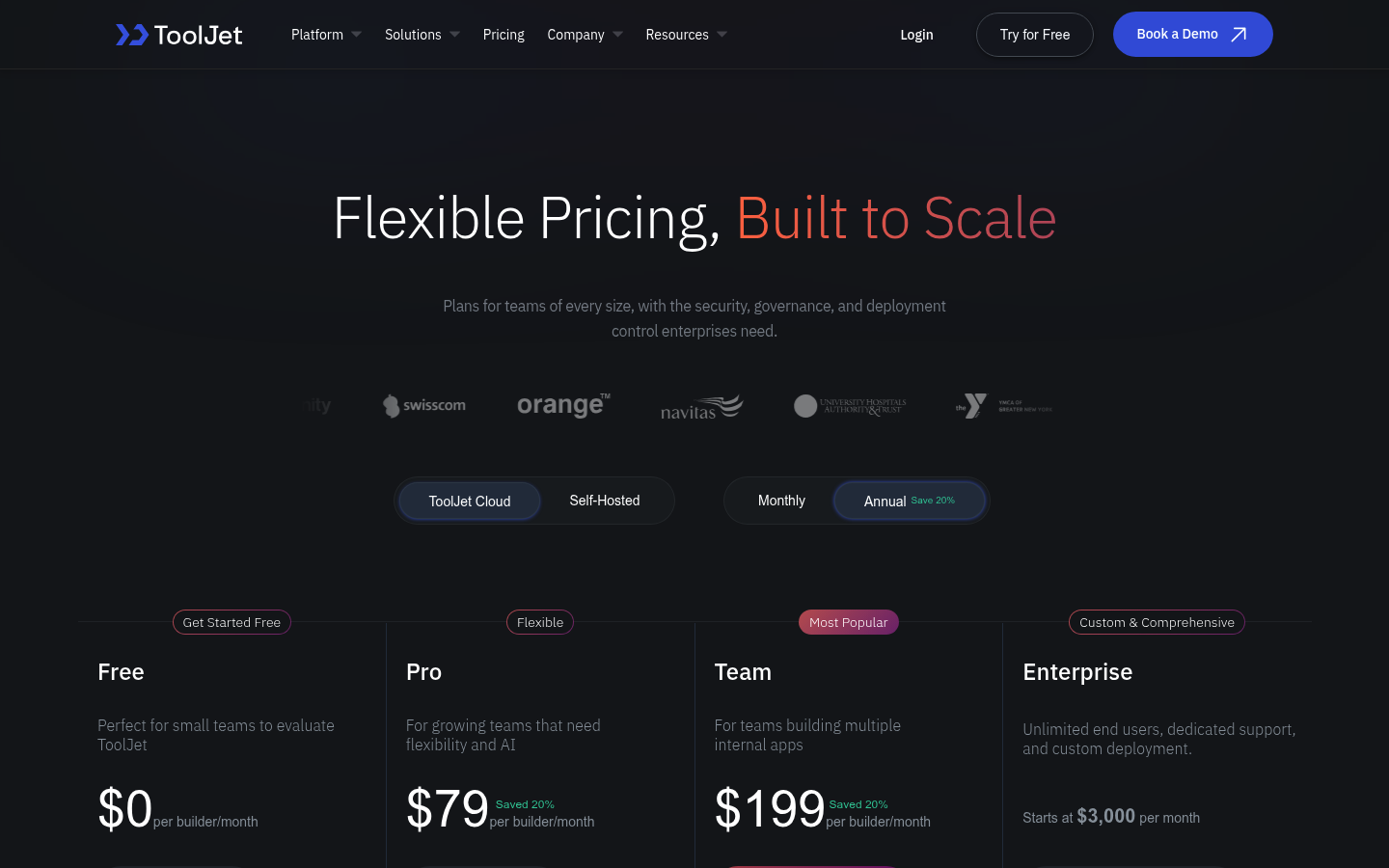Screenshot of ToolJet's pricing page showing its plans and prices