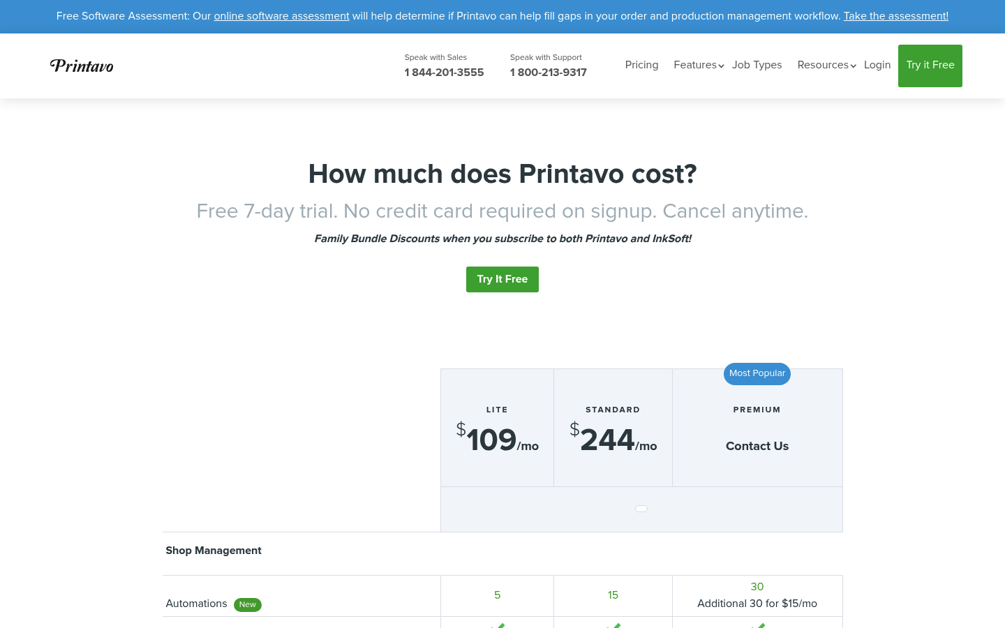 Screenshot of Printavo's pricing page showing its plans and prices
